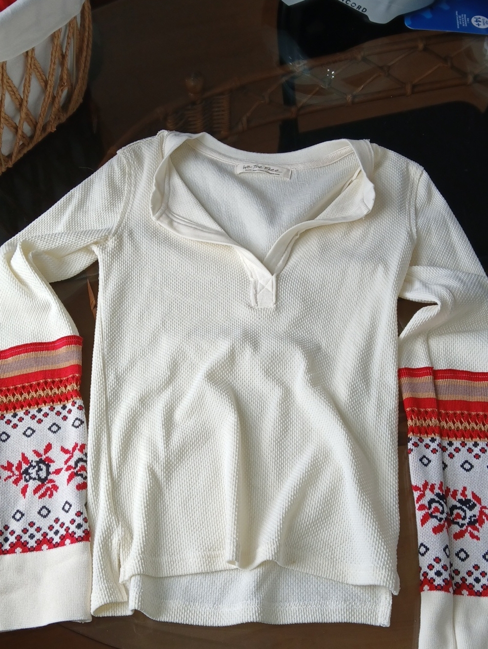 We The Free Cream Waffle Knit Pullover with Red & Orange Patterned Cuffs